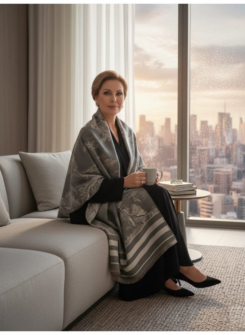 بوهو وشاح كشميري نسائي ذو وجهين ٫ شال ناعم من مزيج الكشمير والقطن  بنمط أشجار ومخطط من الأطراف وغير مغلق باهداب قصيرة ٫ إسكارف نسائي شتوي وخريفي مقاوم للرياح والجو البارد  باللونين الأسود والبيج  ١٨٥ × ٦٥ سم - Image 2